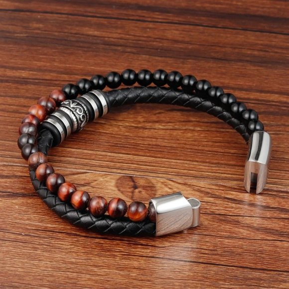 Natural Black Onyx Tiger's Eye Leather Braided Bracelet - Picture 4 of 6